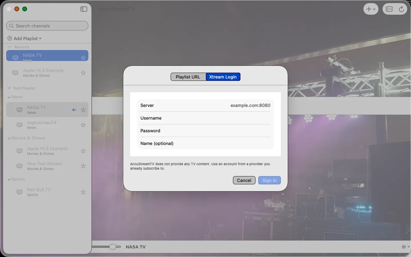 AccuStreamTV Xtream login form with server, username, and password fields